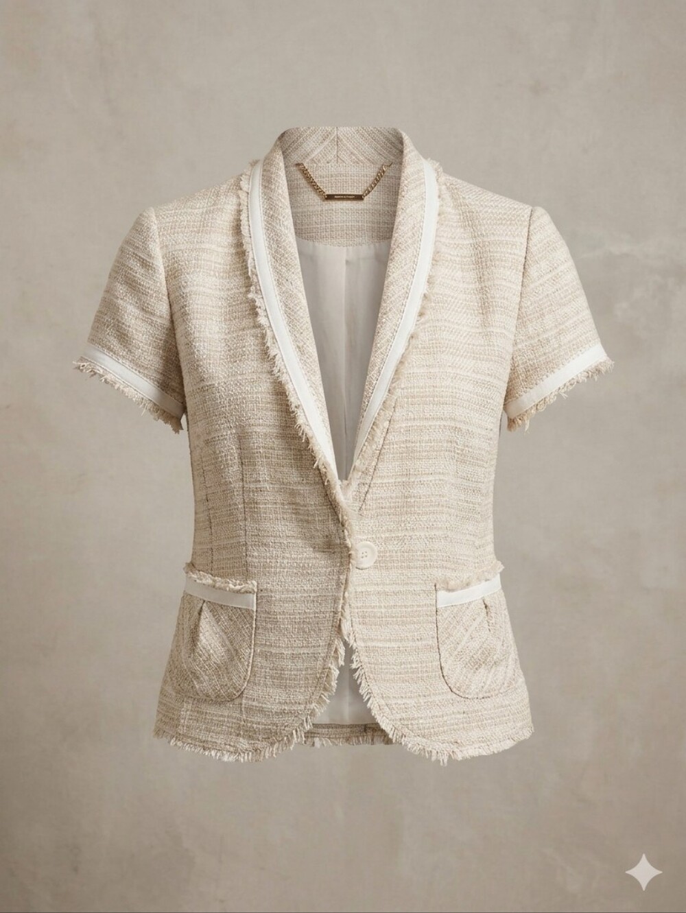 White House Black Market Beige Frayed Short-Sleeve Tweed Jacket